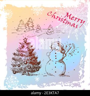weihnachten handgezeichnete Karte mit Schneemann und weihnachtsbaum, für Weihnachten Design Stock Vektor