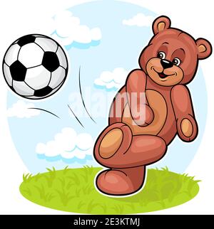 Cute Cartoon Vektor Illustration von Teddybär wird einen Fußball in die Luft treten. Stock Vektor