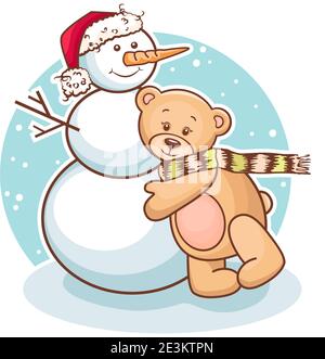 Niedliche Illustration von Weihnachten Teddybär und Schneemann, für Weihnachten Design. Stock Vektor