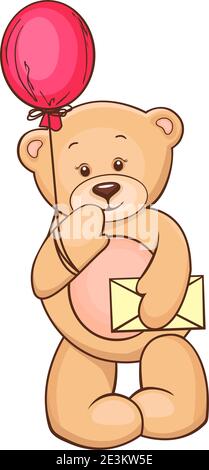 Handgezeichnete Illustration von Cartoon Teddybär mit Ballon und Nachricht. Stock Vektor