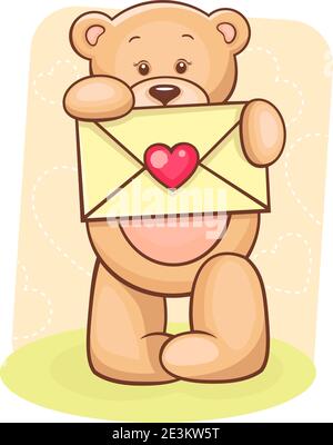 Handgezeichnete Illustration von niedlichen Teddybär halten Umschlag mit Herz. Stock Vektor