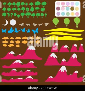 Illustration Vektor Freihand Zeichnung von Objektmaterialien für Papier geschnitten Bildmaterial mit gekrümmter Form editierbar und separierte Ebenen isoliert auf Brauner Rücken Stock Vektor