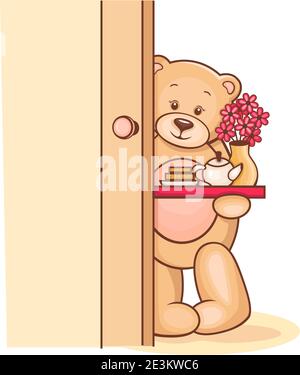 Handgezeichnete Illustration mit Teddy, der ein Frühstückstablett mit Blumen hält. Stock Vektor