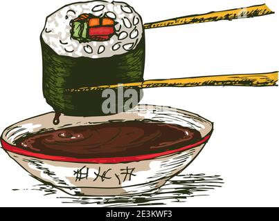 Sushi mit Essstäbchen und Sojasauce isoliert über weißem Bachkboden, Vektorgrafik. Stock Vektor