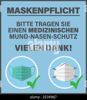 schild oder Poster mit Text BITTE TRAGEN SIE EINEN MEDIZINISCHEN MUND-NASEN-SCHUTZ, Deutsch für BITTE TRAGEN SIE EINE MEDIZINISCHE GESICHTSMASKE Vektor-Illustration Stock Vektor