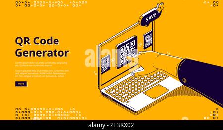 QR-Code-Generator isometrische Landing Page, Hand drücken auf dem Bildschirm mit Service für die Erstellung Maschine lesbare optische Marke für Informationen oder bargeldlose Online-Zahlung, 3d-Vektor-Linie Kunst Web-Banner Stock Vektor