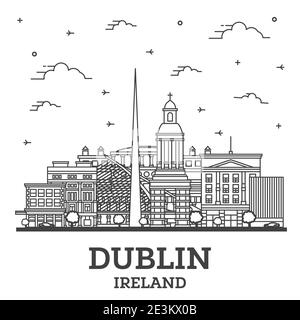 Überblick Dublin Irland Skyline der Stadt mit historischen Gebäuden isoliert auf Weiss. Vector Illustration. Dublin Stadtbild mit Sehenswürdigkeiten. Stock Vektor