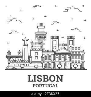 Übersicht Lissabon Portugal Skyline der Stadt mit historischen Gebäuden isoliert auf Weiss. Vector Illustration. Lissabon Stadtbild mit Sehenswürdigkeiten. Stock Vektor