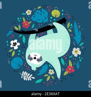 Faultier in verschiedenen tropischen Blättern und Blüten. Stock Vektor