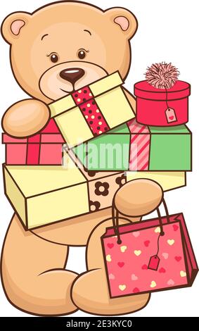 Handgezeichneter niedlicher Teddybär mit Geschenken. Vektorgrafik. Stock Vektor
