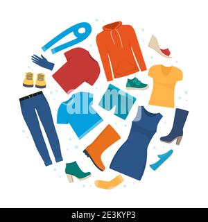 Kleidung und Accessoires Mode Icon Set. Männer und Frauen Kleidung und Schuhe. Legere Kleidung der Saison. Boutique, Sortiment Showroom, persönliche wardrob Stock Vektor