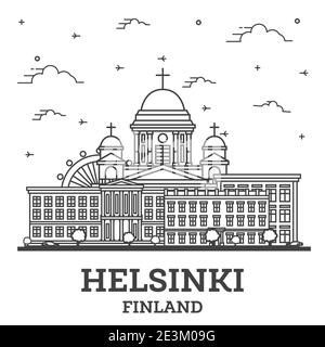 Umrisse Helsinki Finnland Skyline der Stadt mit historischen Gebäuden isoliert auf Weiss. Vector Illustration. Helsinki Stadtbild mit Sehenswürdigkeiten. Stock Vektor