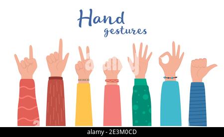 Handgesteneinstellung. Menschliche Hände zeigen Daumen nach oben, zeigen und begrüßen, OK. Verschiedene Handsymbole. Interaktives Kommunikationsset. Vektorgrafik Stock Vektor