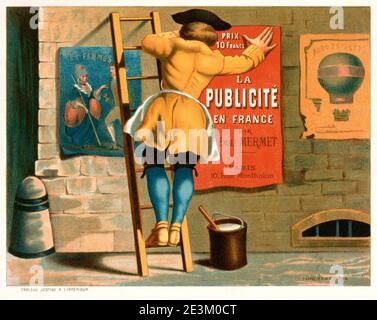 Mann, der eine Anzeige für La publicité en France par Emile Mermet postet. Stockfoto