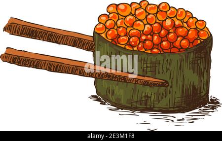 Rollen Sie mit Kaviar und Essstäbchen isoliert über weißen Bachkboden, Vektor-Illustration. Stock Vektor