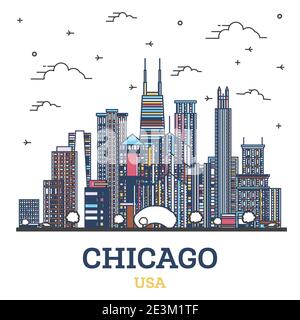 Outline Chicago Illinois USA City Skyline mit farbigen modernen Gebäuden isoliert auf Weiß. Vektorgrafik. Chicago Stadtbild mit Wahrzeichen. Stock Vektor