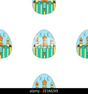 Nahtloses Muster mit Ostereiern. Der Tempel, die Kirche. Frohe Ostern. Festlicher Hintergrund. Design für Banner, Poster oder Print. Stockfoto