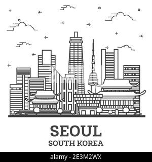 Übersicht Seoul Südkorea Skyline der Stadt mit modernen Gebäuden isoliert auf Weiss. Vector Illustration. Seoul Stadtbild mit Sehenswürdigkeiten. Stock Vektor