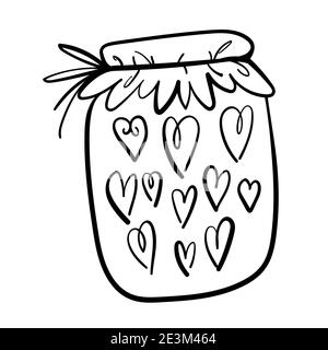 Handgezeichnete Vektor-Illustration eines Einmachglas mit Herzen gefüllt, Hochzeit und Romantik Konzept Illustration isoliert auf weißem Hintergrund Stock Vektor