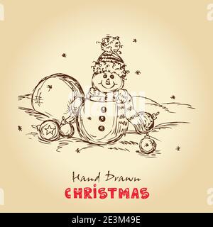 Weihnachten handgezeichnete Vektor-Illustration mit Schneemann und Weihnachtskugeln, für Weihnachten Design. Stock Vektor