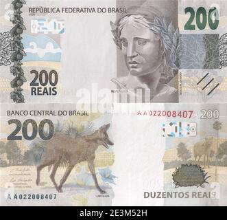 Banknote von zweihundert Reais. Hohe Auflösung und detaillierte brasilianische Währungsnotiz für die Verwendung als Textur. Stockfoto