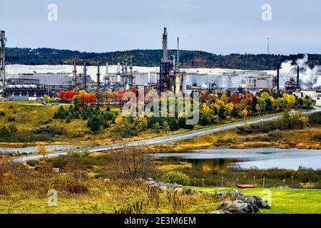 Ein Herbstbild der großen Ölraffinerie Irving im ländlichen Saint John New Brunswick, Kanada, mit dem lokalen Laub, das die leuchtenden Farben des Herbstes färbt. Stockfoto