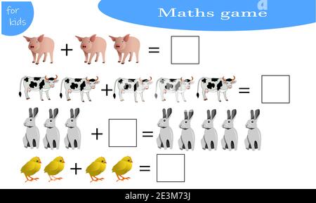 Mathe-Spiel für Kinder, um die Tiere zu zählen. Schwein, Kuh, Hase, Huhn. Stock Vektor