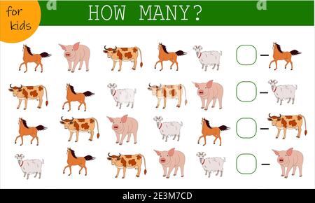 Mathe-Spiel für Kinder, um die Tiere zu zählen Stock Vektor