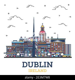 Skizzieren Sie die Dublin Ireland City Skyline mit farbigen historischen Gebäuden isoliert auf Weiß. Vektorgrafik. Dublin Stadtbild mit Wahrzeichen. Stock Vektor