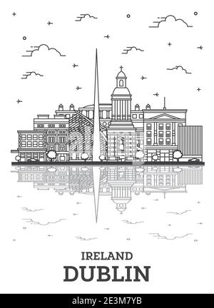 Überblick Dublin Irland Skyline der Stadt mit historischen Gebäuden und Reflexionen isoliert auf Weiss. Vector Illustration. Dublin Stadtbild mit Sehenswürdigkeiten. Stock Vektor