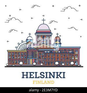 Umreißen Sie die Skyline von Helsinki Finland mit farbigen historischen Gebäuden, isoliert auf Weiß. Vektorgrafik. Helsinki Stadtbild mit Wahrzeichen. Stock Vektor