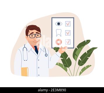 Konzept der Krankenversicherung. Flacher Arzt-Charakter. Stock Vektor