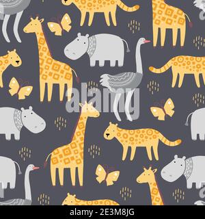 Nahtloses Muster mit niedlichen afrikanischen Zootieren. Flache und einfache Design-Stil für Baby, Kindertapete, Hintergrund, Stoff Illustration. Stock Vektor