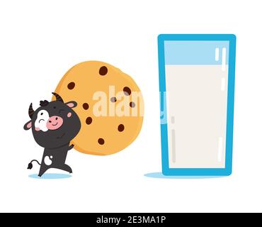 Cartoon Kuh mit Glas Milch und Kekse. Stock Vektor