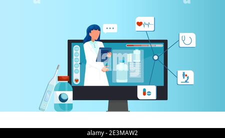 Online medizinische Beratung Konzept. Vektor einer Ärztin, die eine Konsultation zu einem Patienten über das Internet gibt Stock Vektor