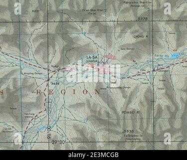 Karte von Lhasa, Tibet Autonome Region in 1973 Detail, ab- NH-46-9 Lasa Tibet (beschnitten). Stockfoto