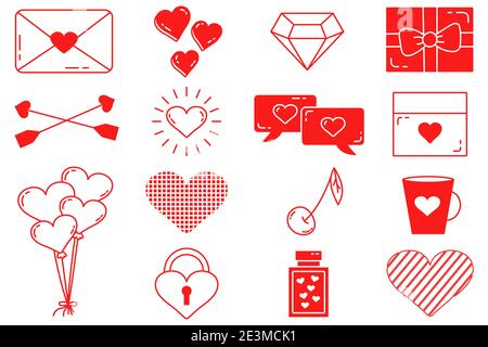 Ein Satz bearbeitbarer Vektorelemente. Valentines Day Kollektion mit editierbarer Kontur. Vektor niedlichen Illustrationen. Ein Liebesbrief. Isolierte Symbole auf einem weißen Stock Vektor