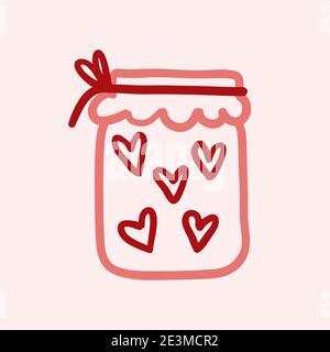 Handgezeichnete Vektor-Illustration eines Einmachglas mit Herzen gefüllt, Hochzeit und Romantik Konzept Illustration isoliert auf rosa Hintergrund Stock Vektor