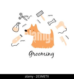Niedlichen Welpen Hund Haustier Pflege. Cartoon Hund Figur Illustration für Tierhaare Pflege Salon Logo, Banner-Design. Haustierpflegekonzept. Stock Vektor