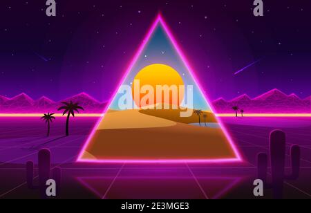 Retro Wave Desert Neon Cover mit Oase und Palmen. Natur Hintergrund. Vektorgrafik Stock Vektor