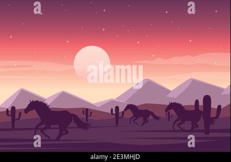 Wild West Sonnenuntergang Wüste Szene mit Pferden laufen Vektor-Illustration Design Stock Vektor