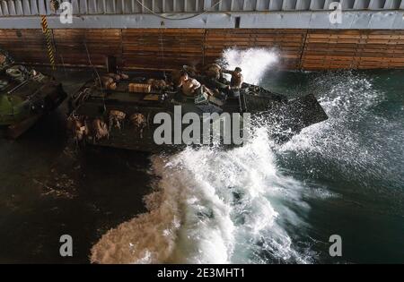 Marineinfanteristen fahren ein Amphibienfahrzeug in das Brunnendeck. (36157688336). Stockfoto