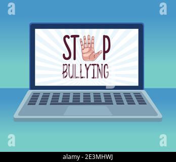 Stoppen Sie Cyber Mobbing Schriftzug und Hand Stoppen in Laptop-Vektor Illustrationsdesign Stock Vektor