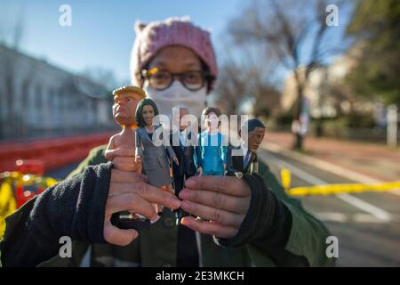 Washington, District of Columbia, USA. Januar 2021. Teri Lee McClain aus Seattle, WA posiert für ein Foto, während sie eine Reihe politischer Puppen vor dem US-Kapitolgebäude hält. Quelle: Chris Juhn/ZUMA Wire/Alamy Live News Stockfoto