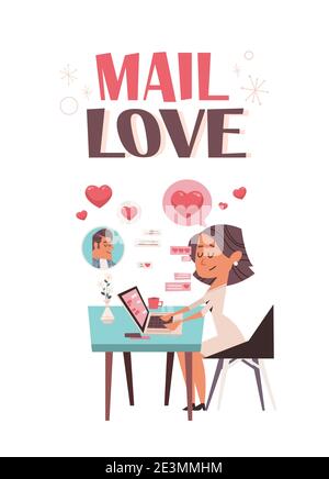 Frau in der Liebe mit Laptop chatten mit Freund Valentinstag Feier Konzept Grußkarte Einladung Poster voller Länge vertikalen Vektor Abbildung Stock Vektor