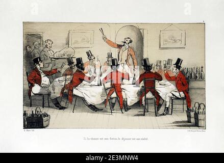 MARC Pierre-Eugène (1819-1885), ''Si la Chasse est une Fiction, le déjeuner est une réalité'', Croquis de Chasse le Drag de Pau. Planche 4, 1er éd Becquet Frères, Paris, 1860. Stockfoto