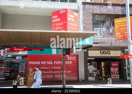 Leerstehende Einzelhandelseinheiten für die Vermietung im Stadtzentrum von Sydney entlang George Street im Herzen des Geschäftsviertels, Sydney, NSW, Australien Stockfoto