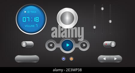 Hi-End-Benutzeroberflächenelemente.Tasten, Schalter, Balken, ein/aus-Tasten, Schieberegler. Vektorgrafik.EPS10 Stock Vektor