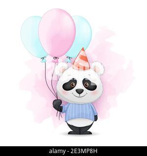 Stock-Vektor. Niedliche kleine Panda hält Ballons. Lustige Panda Zeichentrickfigur bei Geburtstagsfeier. Vektorgrafik Stock Vektor