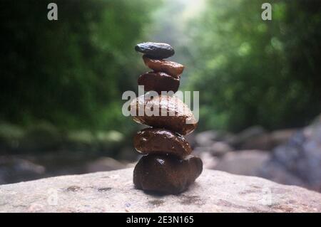 Steinbalance und Wellness-Spa-Konzept im Wald Stockfoto